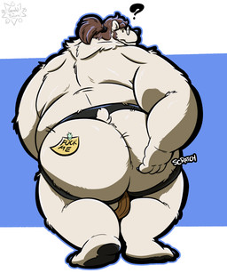 anthro big_butt biped bottomwear brown_clothing brown_jockstrap brown_underwear bulge bulge_from_behind butt butt_focus clothed clothing eyewear facial_hair feet fur glasses hair jockstrap looking_back male obese overweight overweight_anthro overweight_male post-it_note rear_view scratching scratching_butt solo tail text underwear underwear_only walking gorochuinboxers pea_soup bear mammal polar_bear ursine 2025 5:6 absurd_res digital_drawing_(artwork) digital_media_(artwork) english_text hi_res