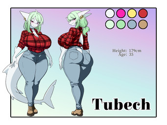 anthro bedroom_eyes big_chest female narrowed_eyes seductive small_waist solo text thick_thighs wide_hips notseifforwork tubech_(assy3194) aquatic fish shark 4:3 character_name digital_media_(artwork) hi_res model_sheet