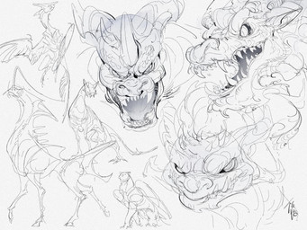 ambiguous_gender fangs feathered_wings feathers feral folded_wings grey_background group grumpy hair head_horn horn mouth_closed open_mouth pupils realistic scales simple_background slit_pupils teeth tongue_showing wings chiayeeee mythology bear dragon mammal mythological_creature mythological_scalie scalie unknown_species 2024 4:3 digital_media_(artwork) full-length_portrait headshot_portrait hi_res portrait signature sketch