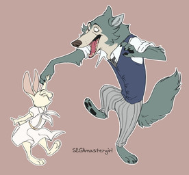 anthro ascot barefoot blue_clothing blue_topwear blue_vest bottomwear brown_background clothed clothing dancing dress duo eyes_closed feet female fluffy fluffy_tail fur grey_body grey_bottomwear grey_clothing grey_fur grey_pants grey_stripes hand_holding happy laugh male male/female multicolored_body multicolored_fur on_one_leg pants pattern_bottomwear pattern_clothing pattern_pants shirt simple_background standing striped_bottomwear striped_clothing striped_pants stripes style_emulation tail topwear two_tone_body two_tone_fur vest white_ascot white_body white_clothing white_dress white_fur white_shirt white_topwear segamastergirl beastars disney haru_(beastars) legoshi_(beastars) canid canine canis domestic_rabbit dwarf_rabbit lagomorph leporid mammal netherland_dwarf_rabbit oryctolagus rabbit wolf crossover signature