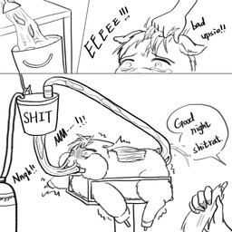 abuse ambiguous_feral ambiguous_gender ambiguous_human animal_abuse bodily_fluids dialogue duo eating_feces exposed_muscle feces feces_in_ass feces_in_container feces_in_mouth feces_tube feral flayed forced gore hair hair_grab holding_tail impalement mostly_offscreen_character muffled oxygen_tank pain penetration profanity sadism severed_body_part severed_tail shaking suffering tail tears text torture torture_device touching_hair trembling young young_ambiguous young_feral yellowcottoncandy030 fluffy_pony fluffy_pony_(species) human mammal 1:1 2025 black_and_white broken_language comic digital_drawing_(artwork) digital_media_(artwork) english_text hi_res monochrome