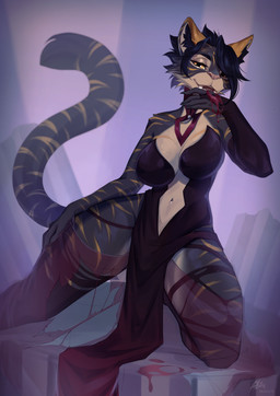 anthro biped breasts claws clothed clothed_anthro clothed_female clothing countershade_torso countershading female fingers front_view fur hair kneeling looking_at_viewer navel simple_background smile solo stripes tail teeth tongue allatir domestic_cat felid feline felis mammal 2026 digital_drawing_(artwork) digital_media_(artwork) hi_res