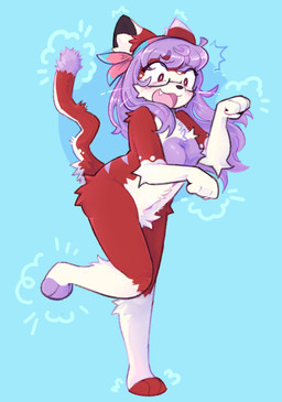 alternate_species anthro black_nose blush breasts cute_fangs eyewear fangs featureless_breasts female fur glasses green_background hair implied_transformation nude on_one_leg open_mouth red_body red_fur shocked simple_background solo standing surprised teeth white_body white_fur pawberry paperlanty domestic_cat felid feline felis mammal 2025 hi_res