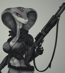 2020 agent_torque ammo_belt apode big_breasts breasts cleavage clothed clothing draconcopode female greyscale gun holding_object holding_weapon impracticalart legless monochrome naga non-mammal_breasts ranged_weapon reptile scalie serpentine shotgun snake snake_hood solo spas-12 trigger_discipline viper_(x-com) weapon x-com x-com:_chimera_squad