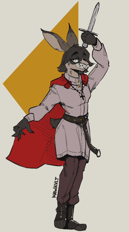 anthro belt belt_buckle big_ears black_hair boots buckle cape clothing dagger ears_up female footwear fur grey_body grey_fur hair holding_dagger holding_melee_weapon holding_object holding_weapon jewelry looking_back melee_weapon necklace rabbit_ears red_cape red_clothing scut_tail shoes short_tail solo tail weapon mawkvlt toffee_32 lagomorph leporid mammal rabbit hi_res
