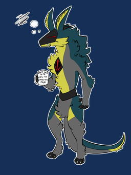 angry anthro beverage claws coffee container cup fangs fluffy fur green_body green_fur grey_body grey_fur male mug paws red_eyes screen screen_face solo tail teeth text tired yellow_body yellow_fur rtf-m brom_(sahurus) mantled_beast 3:4 alpha_channel english_text hi_res