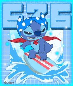 3_toes 4_fingers anthro biped blue_body blue_border blue_eyes blue_fur blue_nose border bra bra_on_head cape clothing feet fingers fur geometric_background grid_background male narrowed_eyes pattern_background red_cape red_clothing simple_background smile smirk solo surfboard surfing text toes underwear wave h1yo3 disney lilo_and_stitch stitch_(lilo_and_stitch) alien experiment_(lilo_and_stitch) 2026 artist_name digital_drawing_(artwork) digital_media_(artwork) hi_res