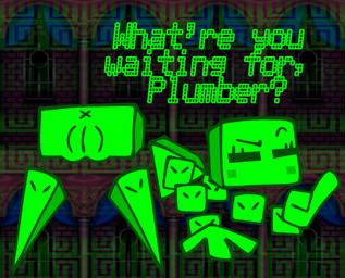 all_fours anthro anus bent_over blush blush_stickers butt cube cube_(object) dialogue eyes_closed female genitals gesture green_body hand_gesture neon_green not_furry pointing presenting presenting_hindquarters screencap screencap_background snake_block solo taunting vulva skeletonhearts mario_bros new_super_mario_bros. nintendo snakey_(skeletonhearts) hi_res