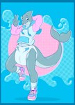 anthro blue_border border bottomwear clean_diaper clothed clothing diaper front_view gesture hand_gesture high_top_shoes hoodie looking_at_viewer male solo standing tongue tongue_out topwear underwear v_sign wearing_diaper bubblepuppers steel_(extremius_amphibious) fish marine shark absurd_res hi_res