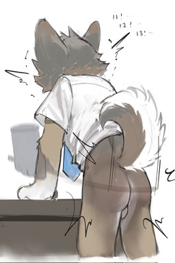 5_fingers adolescent anthro backsack balls bent_over blue_necktie bottomless bottomless_anthro butt_slap cane clothed clothing corporal_punishment countershading counting disembodied_hand duo fingers fur genitals gloves_(marking) grey_body grey_fur impact_lines male markings motion_blur motion_lines necktie raised_tail school_uniform shirt simple_background slap solo_focus spanking switch_spanking tail text topwear uniform white_background white_clothing white_shirt white_topwear young young_anthro young_male laggy_(artist) kyle_(laggy) canid canine canis coyote mammal 2025 hi_res