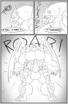 anthro balls big_muscles biped clock-face comic dragon english_text erection genitals growth hi_res huge_muscles hyper hyper_muscles knot male monochrome muscle_growth muscular muscular_anthro muscular_male mythological_creature mythological_scalie mythology nude penis scalie solo standing text