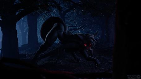 all_fours anthro black_sclera dimly_lit female fog forest glowing glowing_eyes hiding looking_at_viewer night nude plant red_eyes solo stalking tree itsjag mythology grace_(itsjag) canid canine mammal mythological_canine mythological_creature werecanid werecanine werecreature werewolf 16:9 3d_(artwork) 4k absurd_res dark_theme digital_media_(artwork) hi_res shaded soft_shading widescreen