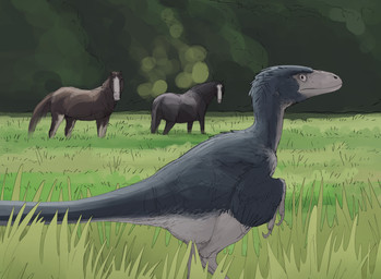 ambiguous_gender biped black_body black_feathers brown_body claws dark_body dark_feathers detailed_background feathers feral field grass group looking_at_another looking_at_viewer male multicolored_body nude outside plant pubic_boot side_view standing tail tree what white_face wings zw3 dinosaur dromaeosaurid equid equine feathered_dinosaur feathered_scalie horse mammal prehistoric_species reptile saurischian scalie theropod 2026 digital_drawing_(artwork) digital_media_(artwork) hi_res