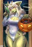 anthro big_breasts blush breasts candy clothing dessert ear_piercing female food for_a_head fruit gun hair handgun holding_object holding_ranged_weapon holding_weapon holidays jack-o'-lantern laser_gun latex latex_clothing latex_skinsuit lollipop looking_at_viewer multiple_piercings open_mouth piercing plant pumpkin pumpkin_head ranged_weapon ring_piercing skinsuit solo stickers_on_body tail thick_thighs tight_clothing weapon cocicka conditional_dnp halloween alien felid mammal object_head hi_res