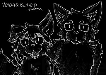 anthro bared_teeth black_body black_ears black_eyes black_fur black_hair black_nose duo ear_tuft female fur hair hand_on_shoulder long_hair male markings open_mouth photo pupils smile standing taking_picture teeth tuft touchworse blavoid voida canid canine canis mammal wolf absurd_res hi_res sketch