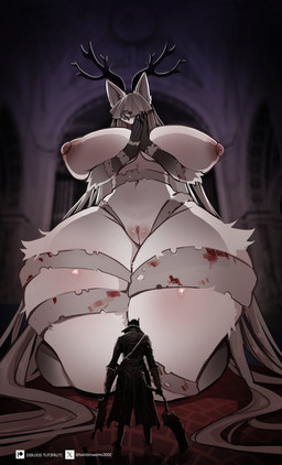 ambiguous_gender anthro antlers arm_under_breasts bandage big_breasts blood blood_on_bandage blood_on_mouth bodily_fluids breasts church clasped_hands covered_eyes duo female genitals grin horn huge_breasts huge_thighs hyper hyper_breasts hyper_thighs inside kneeling larger_anthro larger_female macro praying size_difference smaller_human smile thick_thighs veil vulva tutifruti_(artist) bloodborne fromsoftware mythology sony_corporation sony_interactive_entertainment vicar_amelia beast_(bloodborne) canid canine human mammal mythological_canine mythological_creature werecanid werecanine werecreature werewolf absurd_res hi_res