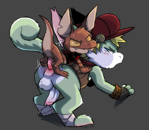 3_fingers 3_toes anal anal_penetration animal_genitalia anus blonde_hair blue_eyes blush bodily_fluids bottomless bottomless_male brown_body brown_scales butt clothed clothing cuffs_(clothing) dripping duo eyes_closed fangs feet feral fingers from_behind_position fur genital_fluids genital_slit genitals gloves green_body green_fur hair handwear hat headgear headwear humanoid_genitalia humanoid_penis jacket kerchief larger_sub looking_back looking_pleasured male male/male male_penetrated male_penetrating male_penetrating_male notched_ear paws penetration penis perching_position pink_penis precum precum_drip red_penis scales scarf sex shirt size_difference smile submissive sweat tan_body tan_scales tapering_penis teeth toes topwear white_body white_fur yellow_body yellow_eyes yellow_fur conditional_dnp kazoko_(artist) jaques_(kazoko) ambiguous_species hybrid kobold scalie hi_res