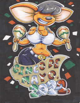anthro belt big_breasts black_hair bottomwear breasts clothing crop_top female fur hair holidays maraca musical_instrument navel obscured_eyes pants percussion_instrument shirt smile solo teeth text thick_thighs topwear wide_hips yellow_body yellow_fur virus-20 cinco_de_mayo sabana_(virus-20) canid canine canis chihuahua domestic_dog mammal toy_dog 2022 spanish_text traditional_media_(artwork)