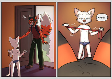 anthro blue_eyes bulge clothed clothing dialogue dipstick_tail dominant dominant_male dominant_young door duo erection erection_under_clothing fur hair inner_ear_fluff interrobang male markings open_mouth open_smile orange_body orange_fur smile striped_body striped_fur stripes tail tail_markings tenting text tuft underwear underwear_only white_body white_fur young young_anthro young_male nononge elix valheru canid canine domestic_cat felid feline felis fox mammal absurd_res english_text hi_res