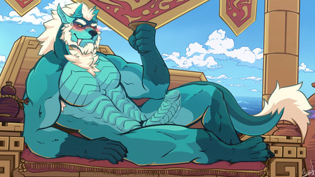 abs alcohol amber_eyes anthro arm_support armpit_hair balls beard beverage biceps biped black_claws black_nose black_sclera blue_balls blue_body blue_horn blue_penis blue_scales blush body_hair chest_fur chest_tuft claws container cup drunk erection eyebrows facial_hair fangs feet fur furniture genitals grin hair horn looking_at_viewer lying male muscular muscular_anthro muscular_male muscular_thighs nude on_back pecs penis quads reclining ridged_penis scales seductive sky smile sofa solo substance_intoxication tail tail_tuft teeth temple toe_claws triceps tuft white_armpit_hair white_beard white_body white_eyebrows white_facial_hair white_fur white_hair yellow_eyes basch mythology rymulus canid canine canis dragon hybrid mammal mythological_creature mythological_scalie scalie wingless_dragon wolf 16:9 2019 widescreen