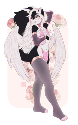 anthro black_body black_fur black_nose breasts clothed clothing eyewear facial_piercing feathered_wings feathers female female_anthro floral_background fur glasses glistening glistening_eyes hair long_hair looking_at_viewer navel nipple_outline nose_piercing nose_ring piercing pink_clothing pose ring_piercing septum_piercing septum_ring small_breasts solo standing white_body white_fur white_hair white_wings wings yellow_eyes sonyan mammal mephitid skunk absurd_res hi_res