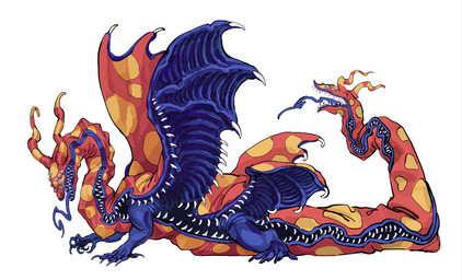 ambiguous_gender blue_body blue_legs blue_skin blue_tongue feral horn huge_mouth multi_teeth multicolored_horn red_body red_skin solo spots spread_wings teeth tongue wings yellow_spots tahioxaaa mythology gloink_queen dragon gloink mythological_creature mythological_scalie scalie hi_res