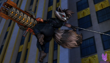 anthro big_butt black_clothing black_suit brown_body brown_fur butt claws clothing feet frown fur gun male multicolored_body multicolored_fur paws ranged_weapon red_eyes scowl solo suit swinging tail two_tone_body two_tone_fur weapon whiskers qualske98 guardians_of_the_galaxy marvel marvel_rivals spider-man_(series) rocket_raccoon mammal procyonid raccoon absurd_res hi_res