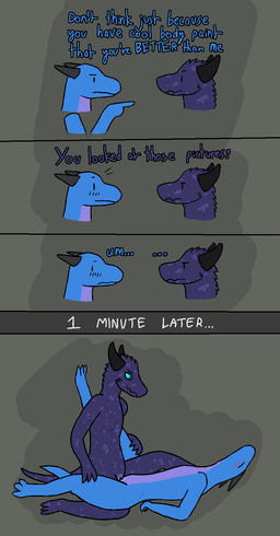 blue_body blue_eyes blush bodily_fluids countershade_torso countershading dialogue duo eyes_closed female female/female flat_chested genital_fluids genitals horn looking_pleasured purple_body sex simple_background text tribadism vaginal vaginal_fluids vulva fogspot constellation_kobold omorfia kobold scalie aliasing comic digital_media_(artwork) english_text hi_res