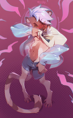 anthro bangs bodily_fluids bottomwear breath brown_body brown_eyelids brown_fur claws clothed clothing clothing_lift eyelashes facial_piercing fur hair half-closed_eyes jacket licking licking_lips licking_own_lips lip_piercing long_tail looking_at_viewer male narrowed_eyes navel nipples nose_piercing open_clothing open_jacket open_topwear orange_eyes piercing pink_nipples red_claws red_tongue saliva shirt shirt_lift shorts skinny solo standing tail tan_body tan_fur tongue tongue_out topwear white_hair yellow_sclera ulitochka lemur mammal primate strepsirrhine 2024 absurd_res colored digital_drawing_(artwork) digital_media_(artwork) hi_res shaded