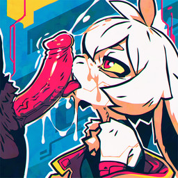 anthro bodily_fluids clothed clothing cum cum_on_face duo erection female genital_fluids licking male male/female red_sclera tongue tongue_out yellow_eyes polygoncherub clover_(polygoncherub) lagomorph leporid mammal rabbit 1:1