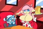 anthro big_breasts breasts cleavage clothed clothing duo female food hair hat headgear headwear huge_breasts male open_mouth pancake simple_background size_difference wide_hips dewbber nintendo pokemon quote_the_audino tusks_the_dewott audino dewott generation_5_pokemon pokemon_(species) hi_res