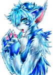 ambiguous_gender blue_body blue_eyes blue_fur candy dessert food fur holding_candy holding_food holding_lollipop holding_object lollipop open_mouth solo white_body white_fur rady-wolf rufen