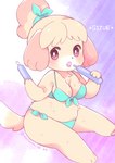 anthro bikini bodily_fluids bottle breasts cleavage clothed clothing container female looking_at_viewer open_mouth pattern_background simple_background sitting solo sweat swimwear two-piece_swimsuit water_bottle yokikana_yk animal_crossing nintendo isabelle_(animal_crossing) canid canine canis domestic_dog mammal digital_media_(artwork) shaded