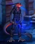 5_fingers barefoot black_body black_fur clothed clothing detailed_background feet fingers fur holding_object holding_weapon male red_body red_eyes red_fur smile solo standing tail text weapon tril-mizzrim sergal 2018 digital_media_(artwork) hi_res url