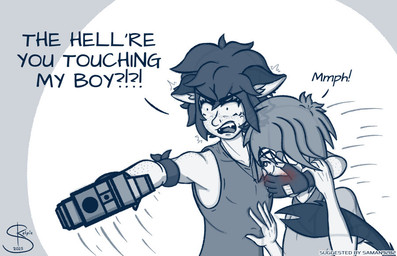 against_chest angry armband bangs blush blush_lines clothing covering covering_mouth cross-popping_vein dialogue duo eyewear femboy fingerless_gloves freckled_arms freckled_face freckles glasses glasses_askew gloves grabbing_head gun handgun handwear holding_wrist inner_ear_fluff jewelry kerchief long_bangs male neckerchief necklace neckwear pale_skin pistol pointing_gun pointing_gun_at_another possessive ranged_weapon shirt sleeveless_shirt t-shirt tail_wrapped_around_body text topwear tuft weapon yelling skelpie cutest_space_pirate!!! cody_church jaimie_winters animal_humanoid cat_humanoid felid felid_humanoid feline feline_humanoid human humanoid mammal mammal_humanoid 2025 blue_and_white cel_shading digital_media_(artwork) english_text monochrome shaded signature sketch