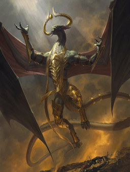 3_fingers accessory ambiguous_gender armor cloud feral fingers flying furgonomics gold_(metal) gold_armor horn jewelry long_tail looking_up melee_weapon membrane_(anatomy) membranous_wings outside ring scales solo sword tail tail_accessory tail_jewelry tail_ring weapon wings lie_setiawan hasbro magic:_the_gathering mythology wizards_of_the_coast nicol_bolas dragon mythological_creature mythological_scalie scalie hi_res official_art