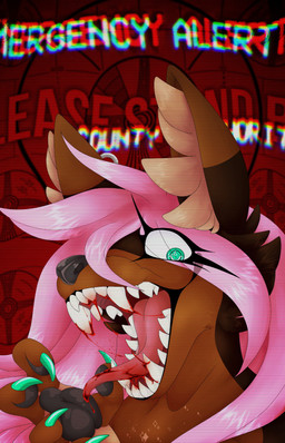 anthro blood bodily_fluids crosshair_eyes ear_piercing hair open_mouth piercing pink_hair public_service_announcement sharp_teeth solo teeth tongue tongue_out conditional_dnp slates1n hati_(slates1n) canid canine canis mammal wolf absurd_res hi_res trans_(lore) trans_woman_(lore)