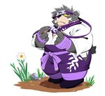 anthro black_body black_nose clothed clothing cute_fangs fangs flower kemono male ninja overweight overweight_male plant solo teeth warrior gokrakstyle sengoku_puzzle ooe_senbee bear mammal 2024 hi_res