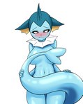 anthro anthrofied blue_body blue_hands blue_head blue_legs blue_tail blush breasts covering covering_breasts covering_crotch covering_self covering_self_with_tail female hands_on_tail navel pokemorph solo tail white_eyes megi nintendo pokemon eeveelution generation_1_pokemon pokemon_(species) vaporeon hi_res