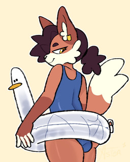 anthro beachwear bulge clothing femboy hair looking_back male one-piece_swimsuit pool_float solo swimwear tied_hair starlit_aster canid canine fox mammal hi_res