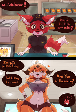 anthro blush bodily_fluids bottomwear breasts clothed clothing dialogue duo female fur hat headgear headwear inner_ear_fluff orange_body orange_fur red_body red_fur sweat sweatdrop tail text topwear tuft white_body white_fur jasminthemanticore courtney_(jasminthemanticore) lisa_(jasminthemanticore) canid canine fox mammal red_fox true_fox 2026 absurd_res comic english_text hi_res