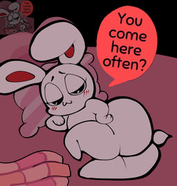 ambiguous_gender anthro asking bed big_butt blush blush_lines butt dialogue eyes_mostly_closed fur furniture mouth_closed narrowed_eyes nude_anthro on_bed pillow red_inner_ear red_speech_bubble scut_tail short_tail solo speech_bubble tail text white_body white_fur cay_cant_draw chikn_nuggit iscream_(chikn_nuggit) lagomorph leporid mammal rabbit digital_media_(artwork) english_text hi_res nonbinary_(lore)