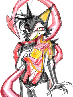 anthro black_body black_fur claws fat_tissue female fur gore grin looking_at_viewer nude painless_gore pointy_ears prick_ears sharp_teeth simple_background smile snout solo tail teeth white_background yellow_teeth alunka canid canine mammal 3:4 digital_media_(artwork)