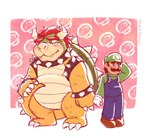 belly blush bracelet claws clothing collar duo facial_hair fangs footwear hair hat headgear headwear heart_symbol holding_finger horn jewelry male male/male mustache overalls red_hair romantic romantic_couple shell shoes smile spiked_bracelet spiked_collar spiked_shell spikes spikes_(anatomy) teeth pileoftrashley mario_bros nintendo bowser luigi human koopa mammal scalie