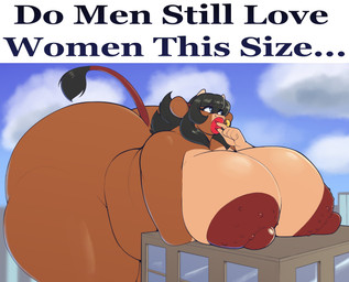 5_fingers anthro areola big_breasts black_hair breasts breasts_on_building brown_body colored_nails ear_piercing ear_ring female fingers hair huge_breasts hyper hyper_breasts lips macro nails nipples nude piercing red_nails ring_piercing solo tail text thick_lips eikasianspire do_men_still_love_women_this_size mocha_(eikasianspire) bovid bovine cattle mammal absurd_res english_text hi_res meme