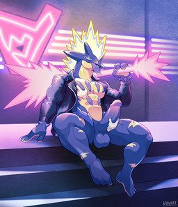 abs balls clothed clothing disembodied_hand erection genitals handjob jacket leather leather_clothing leather_jacket leather_topwear male muscular muscular_male partially_clothed pecs penile penis purple_body sex tongue tongue_out topwear voviat nintendo pokemon amped_toxtricity generation_8_pokemon pokemon_(species) toxtricity 2025 hi_res