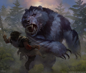 angry boots claws clothing cloud day duo feral footwear forest fur grass grey_body grey_fur hair outside plant scar sharp_teeth shoes teeth tree violence svetlin_velinov hasbro magic:_the_gathering wizards_of_the_coast bear human mammal 2017 official_art traditional_media_(artwork)