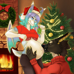 anthro belly big_belly black_body black_fur black_hair black_nose blue_body blue_fur blue_hair blue_nose bottomwear bra breasts clothed clothing duo female fire fireplace fur grey_body grey_fur hair hand_on_belly hat headgear headwear holidays kissing kissing_bough lights male mistletoe navel pants plant pregnant pregnant_anthro pregnant_female shirt smile topwear tree underwear undressing wreath pregoo christmas aquatic bat canid canine canis fish hybrid mammal shark wolf 1:1 2016