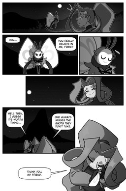 bandaged_face biped bodily_fluids clothed clothed_female clothed_human clothing confident crying detailed_background dialogue duo eye_contact female female_human feral forest full_moon hair hug hugging_another insect_wings long_hair looking_at_another moon night onomatopoeia outside plant ponytail size_difference smaller_feral smile sound_effects speech_bubble talking_to_another tears tears_of_joy tent text tree wings cuchuflin nintendo pokemon frida_(cuchuflin) romi_(cuchuflin) generation_7_pokemon human mammal pokemon_(species) ribombee 2026 absurd_res comic digital_drawing_(artwork) digital_media_(artwork) english_text greyscale hi_res monochrome