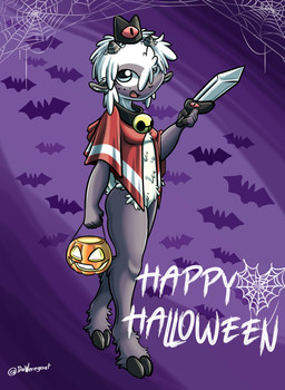 2_horns 5_fingers anthro bell bell_collar big_butt biped black_body black_hooves blue_eyes breasts butt cape cape_only clothed clothing collar cosplay costume female fingers food front_view fruit fur hair halloween_costume happy hat headgear headwear heart_nose heart_symbol holidays hooves horn looking_at_viewer melee_weapon mostly_nude open_mouth pivoted_ears plant pumpkin red_cape red_clothing short_hair small_breasts smile smiling_at_viewer solo spider_web sword tail thick_thighs weapon white_body white_fur white_hair daweregoat cult_of_the_lamb halloween massive_monster_(studio) abril_(daweregoat) lamb_(cult_of_the_lamb) red_crown_(cult_of_the_lamb) ambient_bat bovid caprine mammal sheep absurd_res hi_res